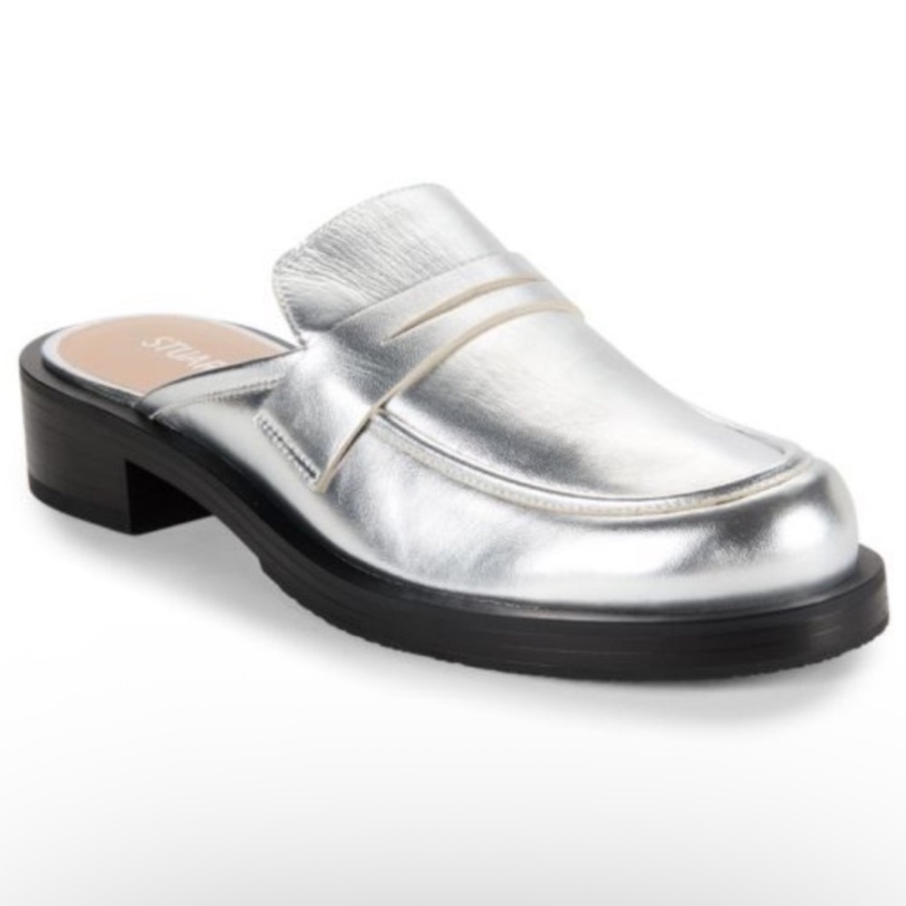 🌹STUART WEIRZMAN🌹Palmer Bold Apron Toe Mule In Silver Size: 6B